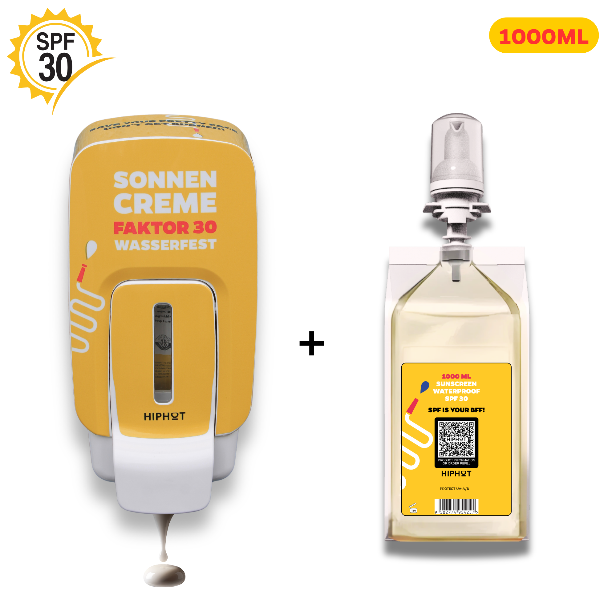 Sonnencreme-Spender mit 1L SPF 30 Sonnencreme - Deutscher Text - BUN-DSP-DE-F30-1000-YEL