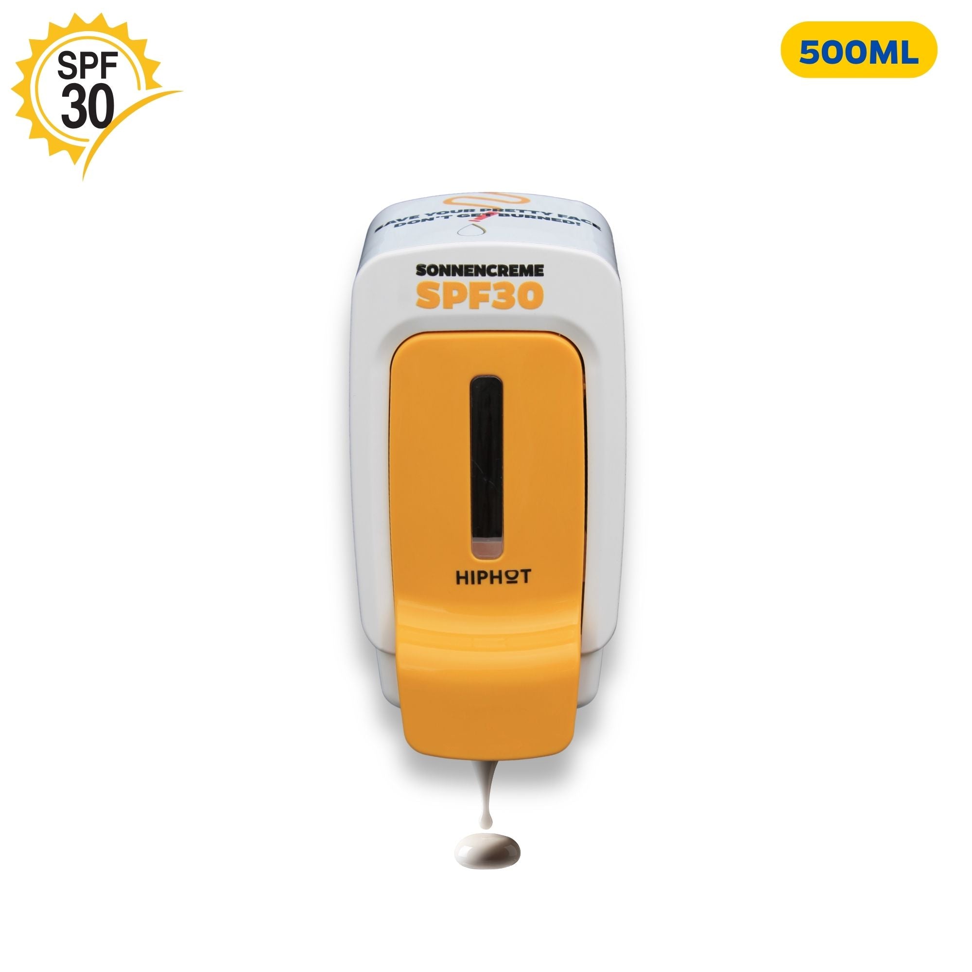 Sonnencreme-Spender SPF 30 500 ml gelb mit deutschem Aufdruck