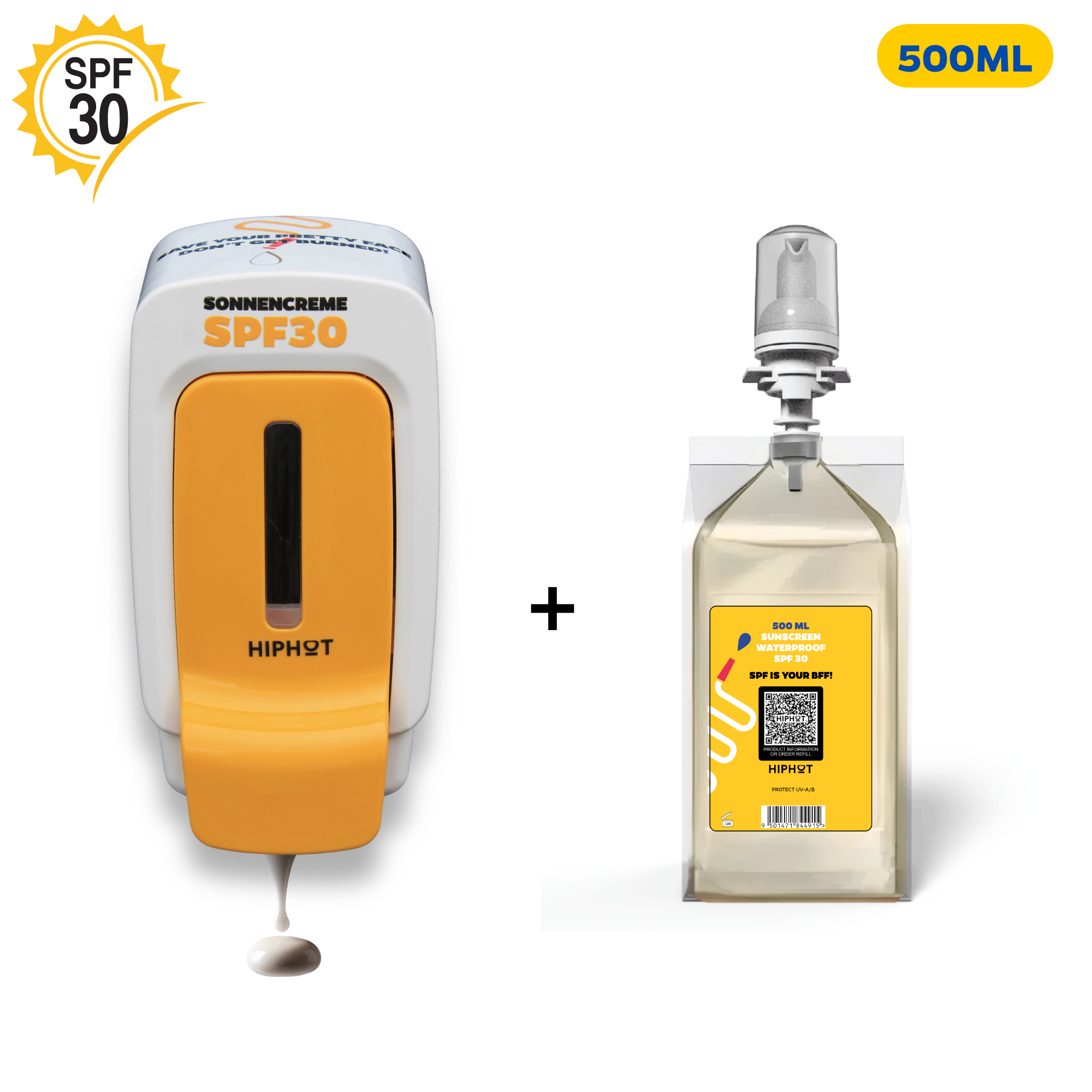 Mini Sonnencreme-Spender mit 0,5L SPF 30 Sonnencreme - Deutscher Text - HH _ BUN-DSP-DE-F30-500-YEL