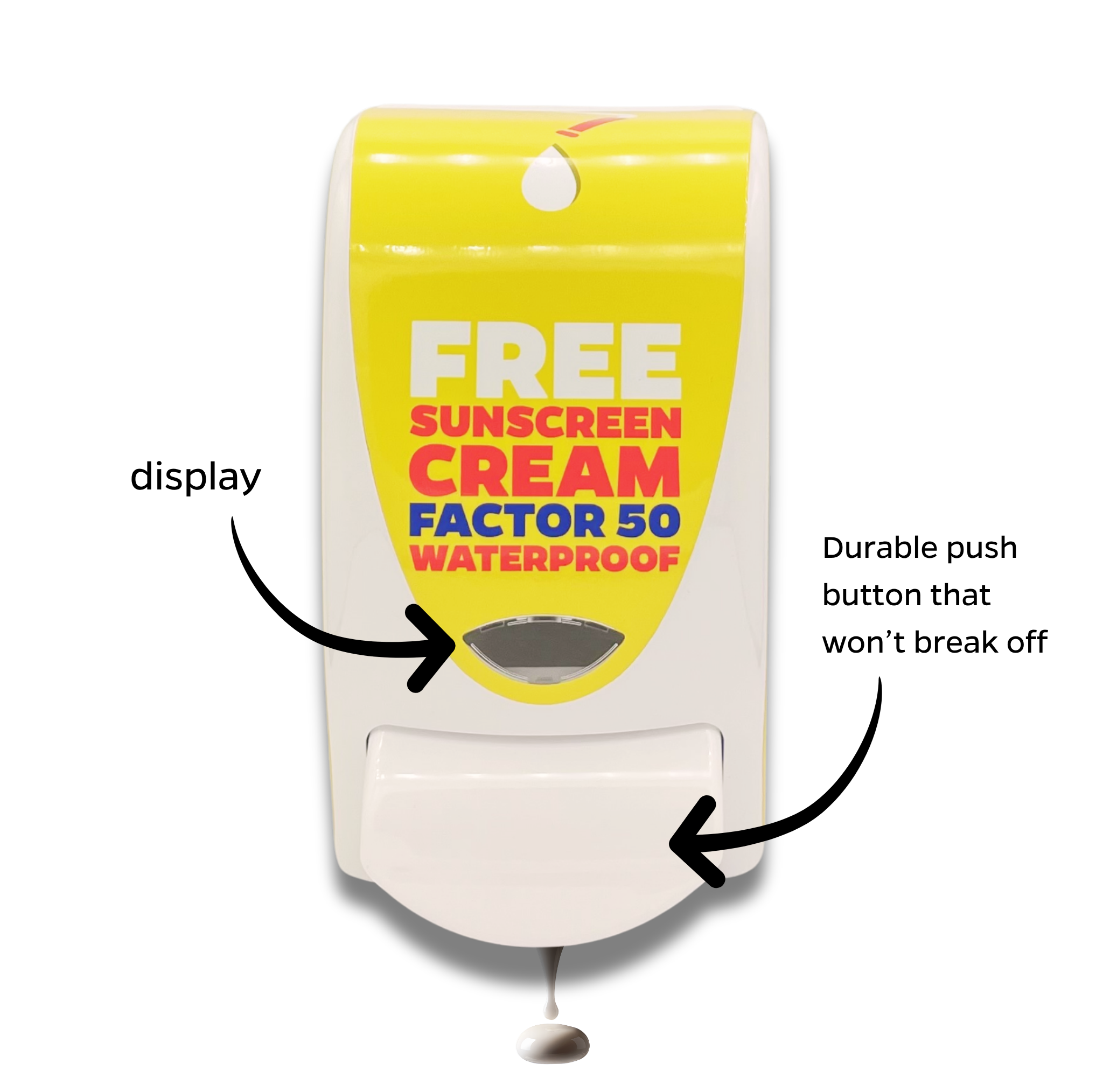 Sunscreen Dispenser Robust Design SPF 50 English Text - SPF50-Yellow_EN-usp's front NL