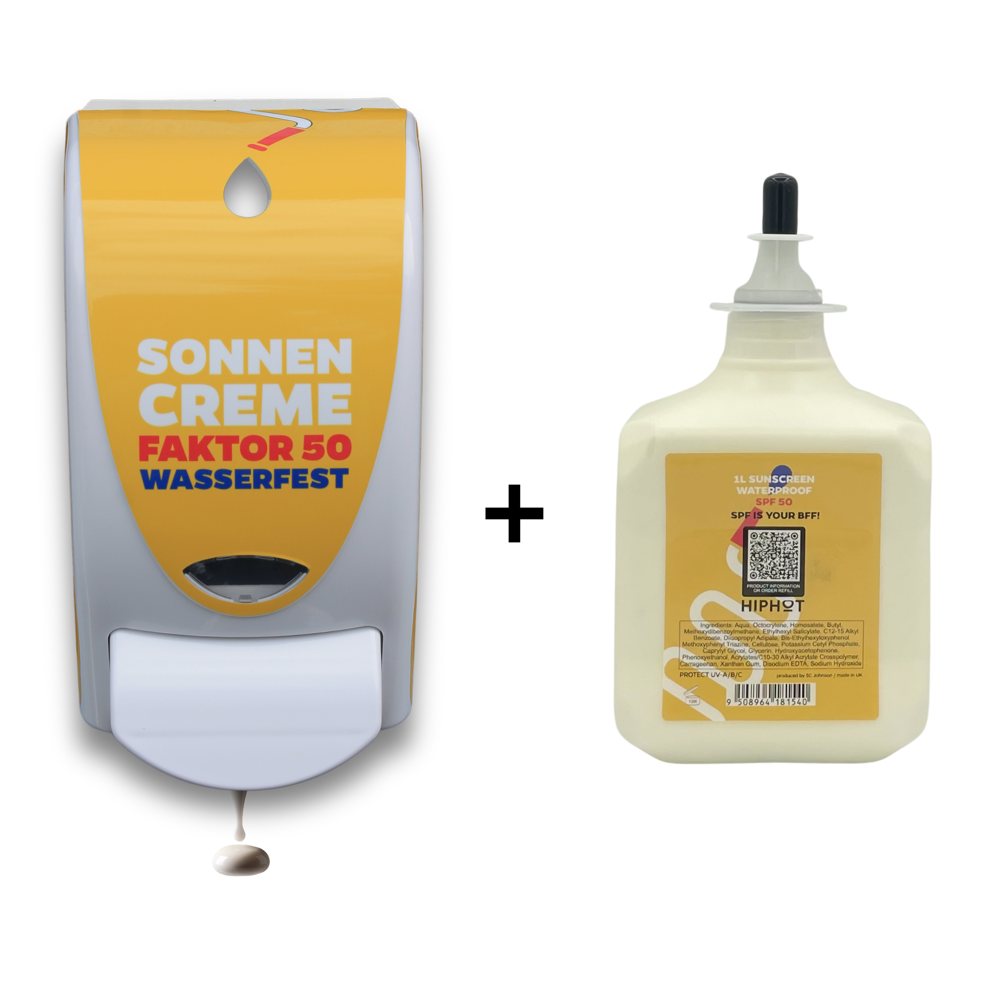 Sonnenschutzmittelspender Faktor 50 Gelb front DE + SPF50