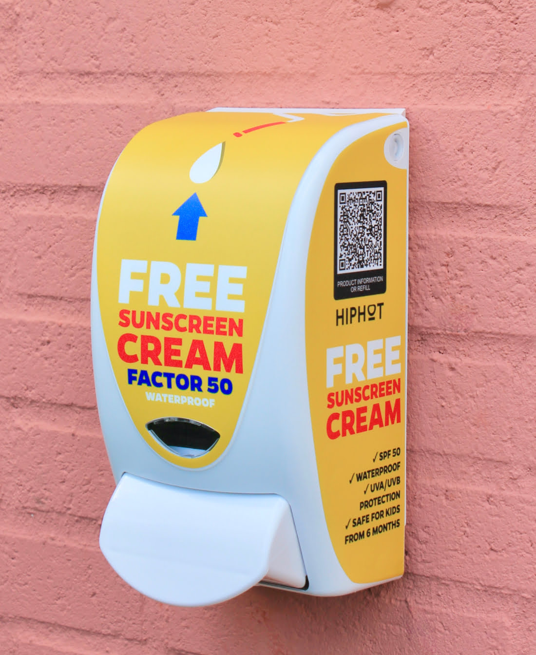 HIPHOT SPF 50 sunscreen dispenser mounted on a wall