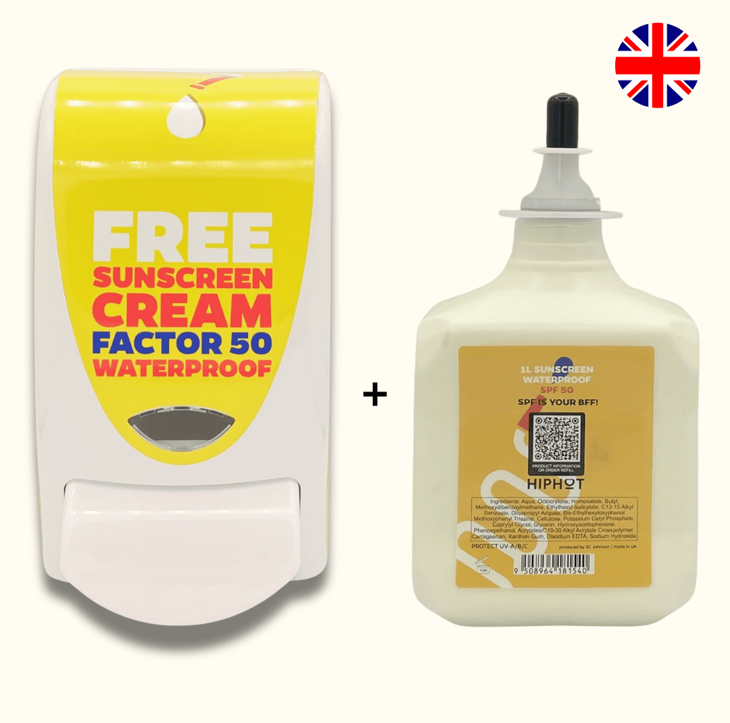 Sonnencreme-Spender SPF 50 mit englischem Aufdruck inkl. 1 l Sonnencreme