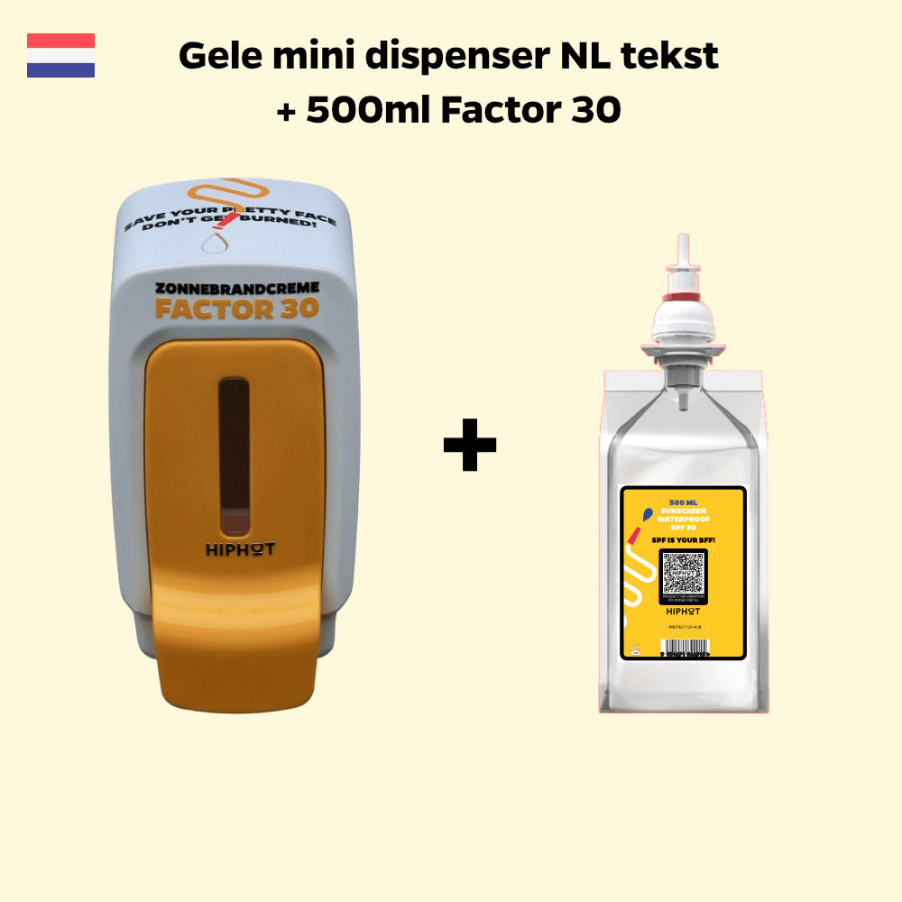 Yellow Mini Sunscreen Dispenser Dutch + 1/2 liter sunscreen factor 30
