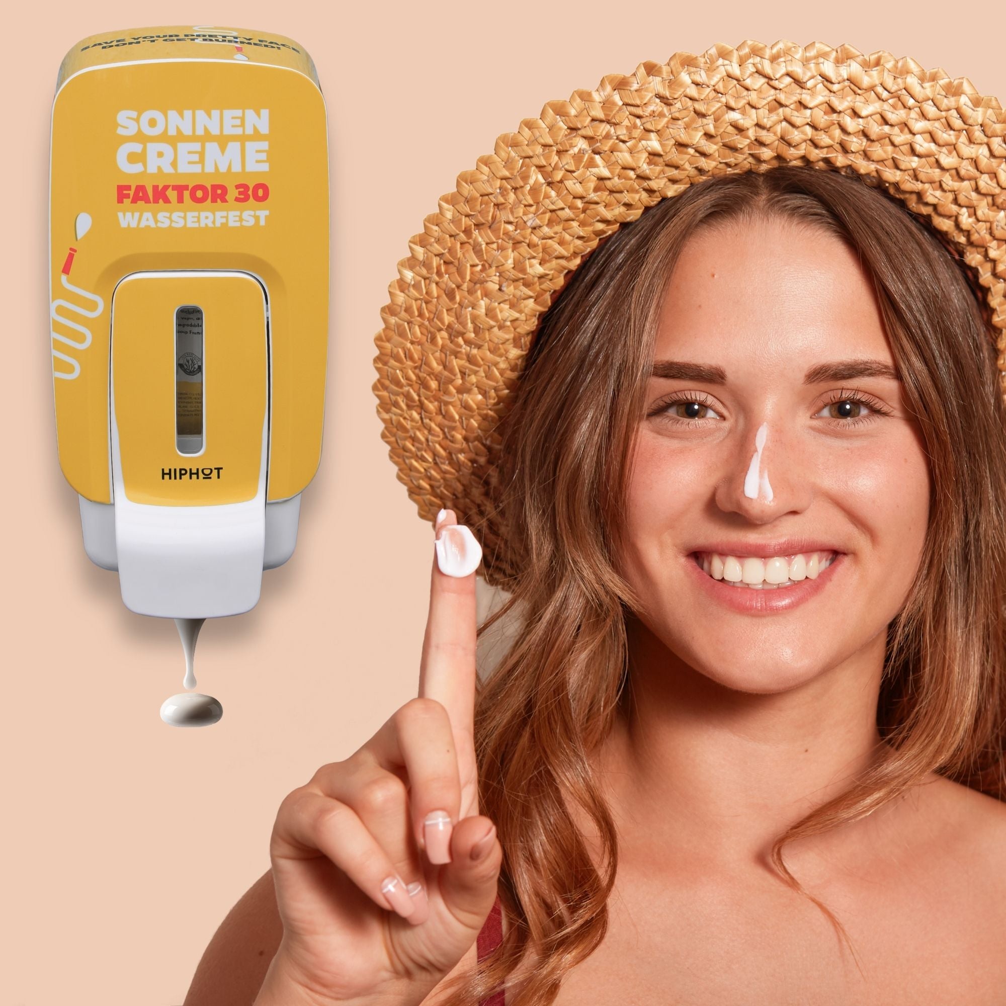 HIPHOT gelber SPF 30 Sonnencreme-Spender mit QR-Code für Inhaltsstoffe und Nachbestellung