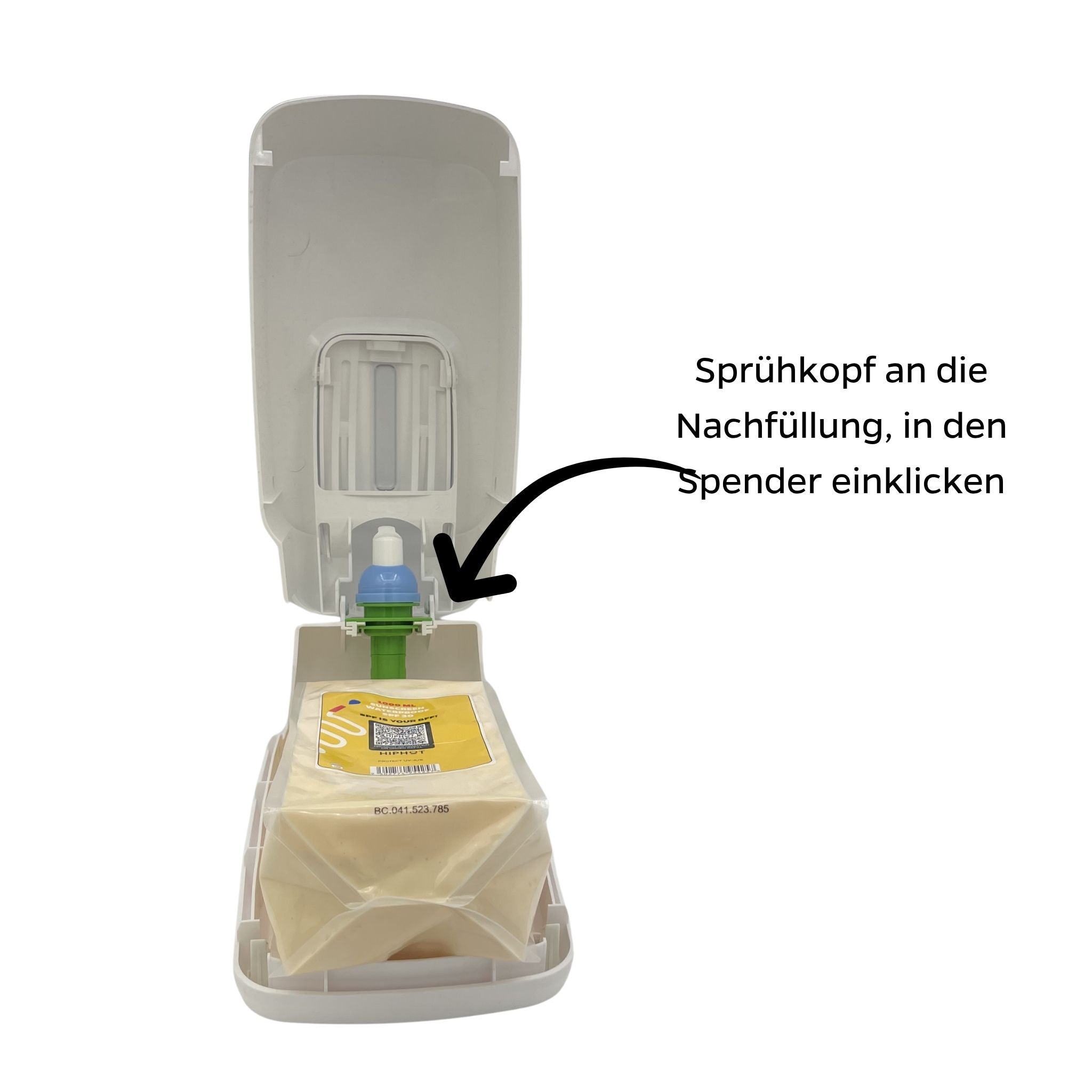 Sprühkopf an die SPF 30 Nachfüllung setzen und in den Spender einklicken
