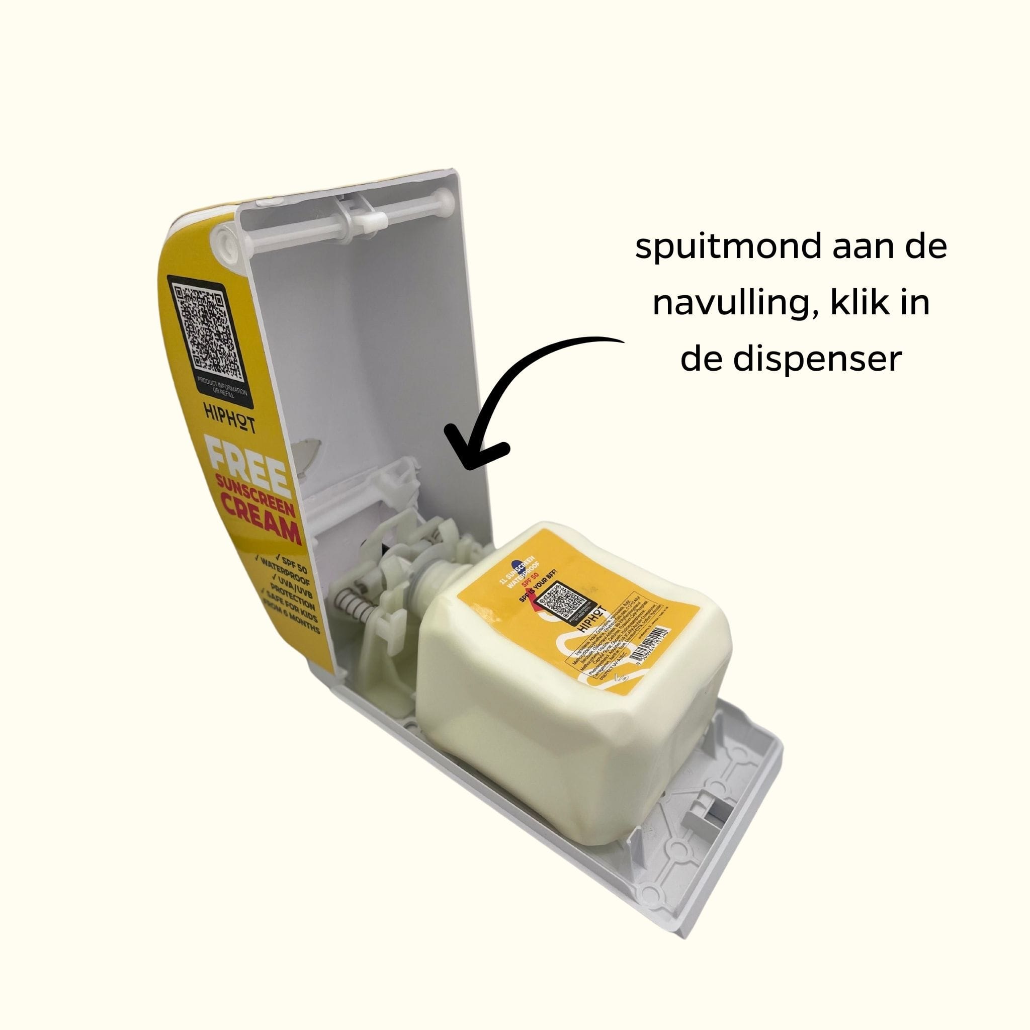 SPF 50 sun cream refill inside HIPHOT dispenser